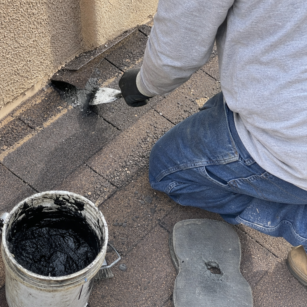 Roofer applying tar to shingles for roof repair.