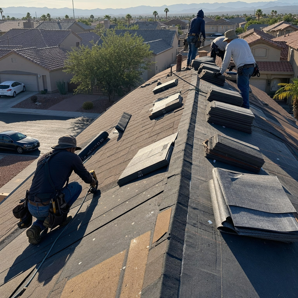 Roofers performing roof replacement and installation on a sunny day.