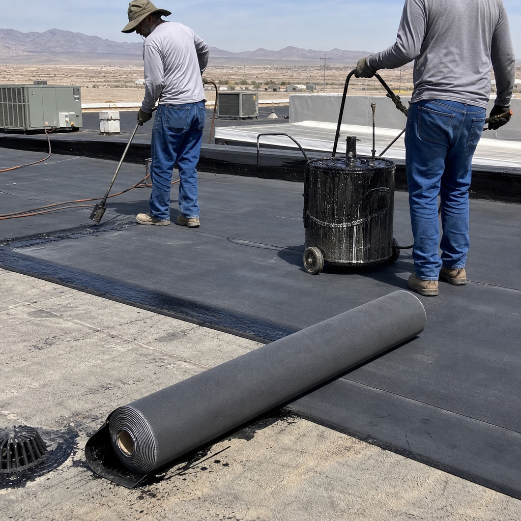 Roofers installing specialty roofing with torch and asphalt melter pot.