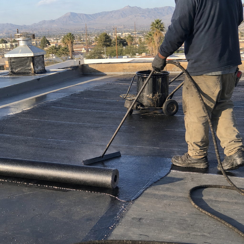 Roofer applying specialty roofing material with a squeegee.