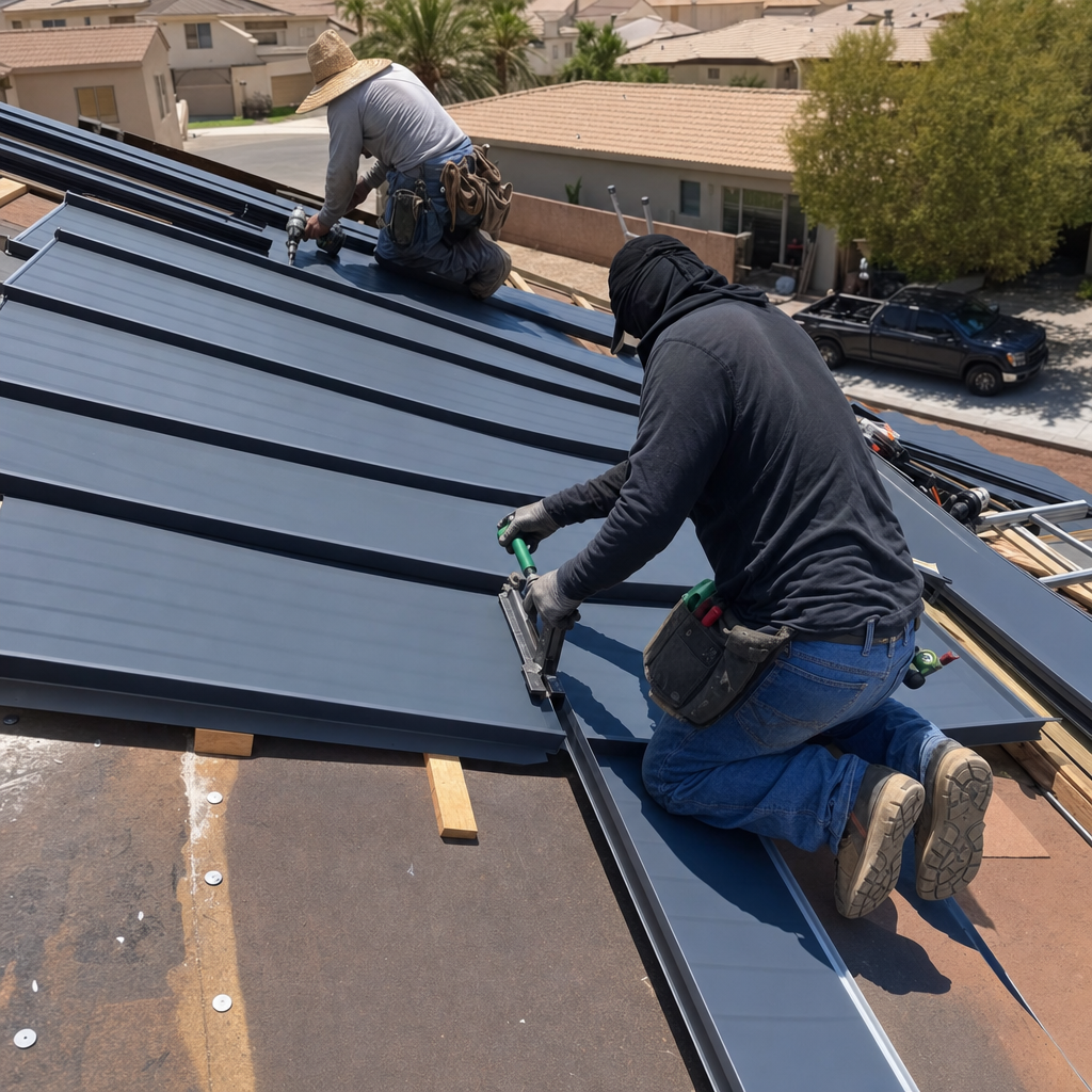 Roofers installing metal roof panels with tools.