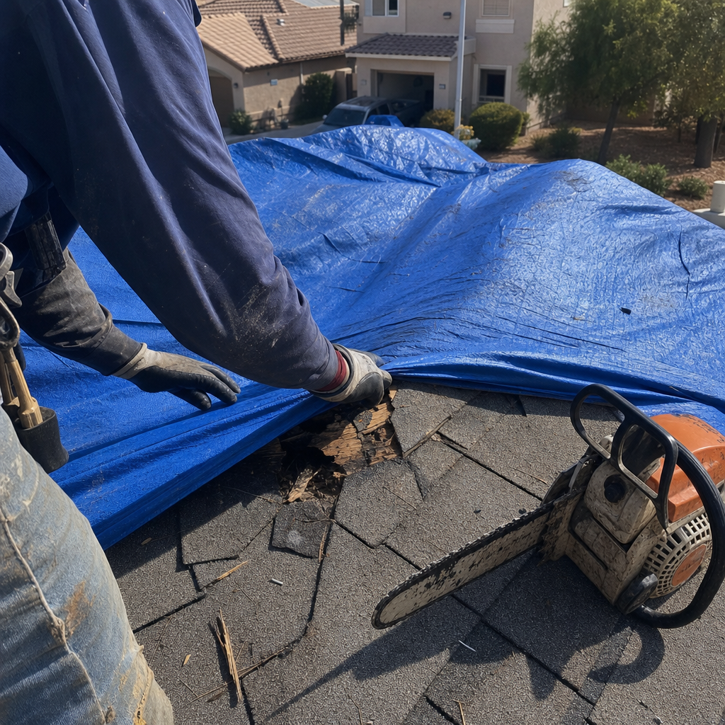 Roofer inspecting storm damage, tarp pulled back on damaged roof in Nellis Air Force Base, NV