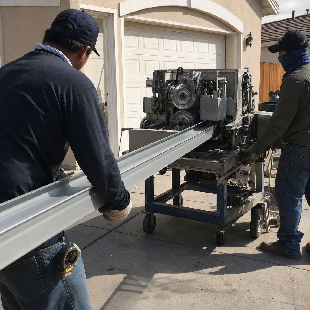 Roofing professional feeding metal gutter into customization machine in Nellis Air Force Base, NV