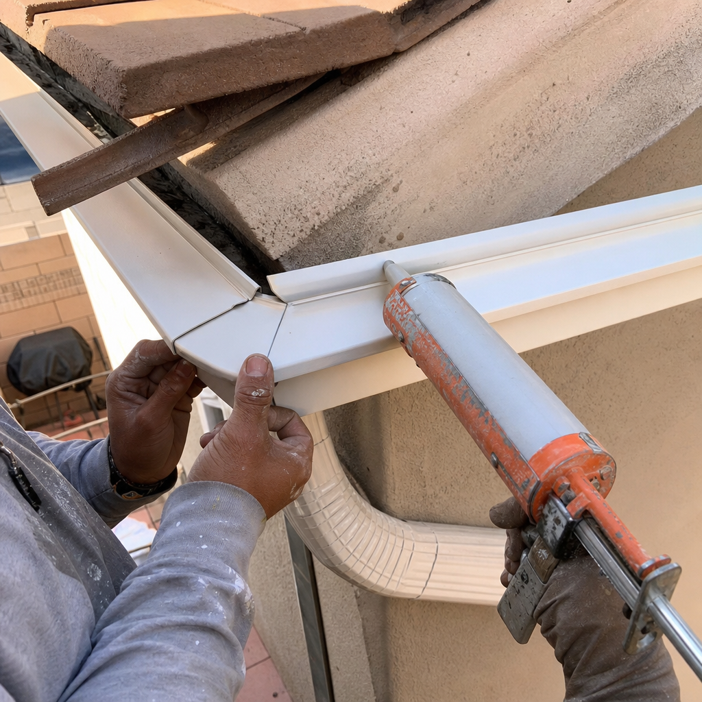 Contractor caulking a white gutter seam during gutter installation. in Nellis Air Force Base, NV