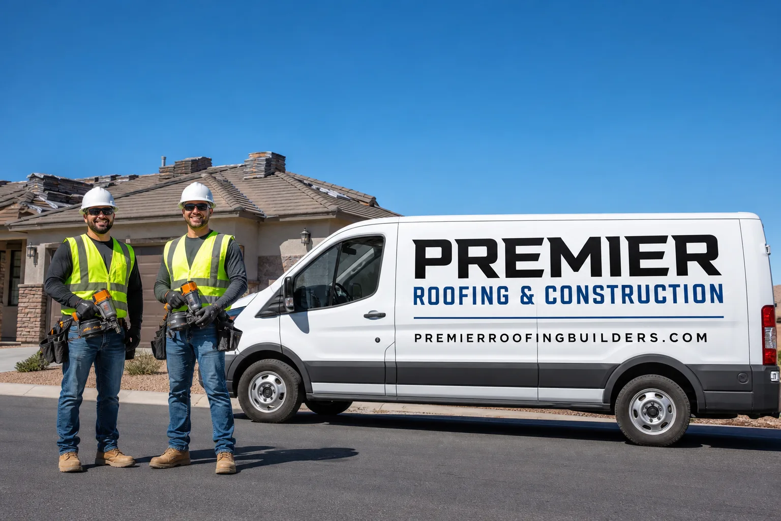 Premier Roofing & Construction service vehicle and crew in Nellis Air Force Base, NV